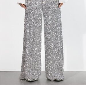 Alice + Olivia Glittering Silver Wide-Leg Pants